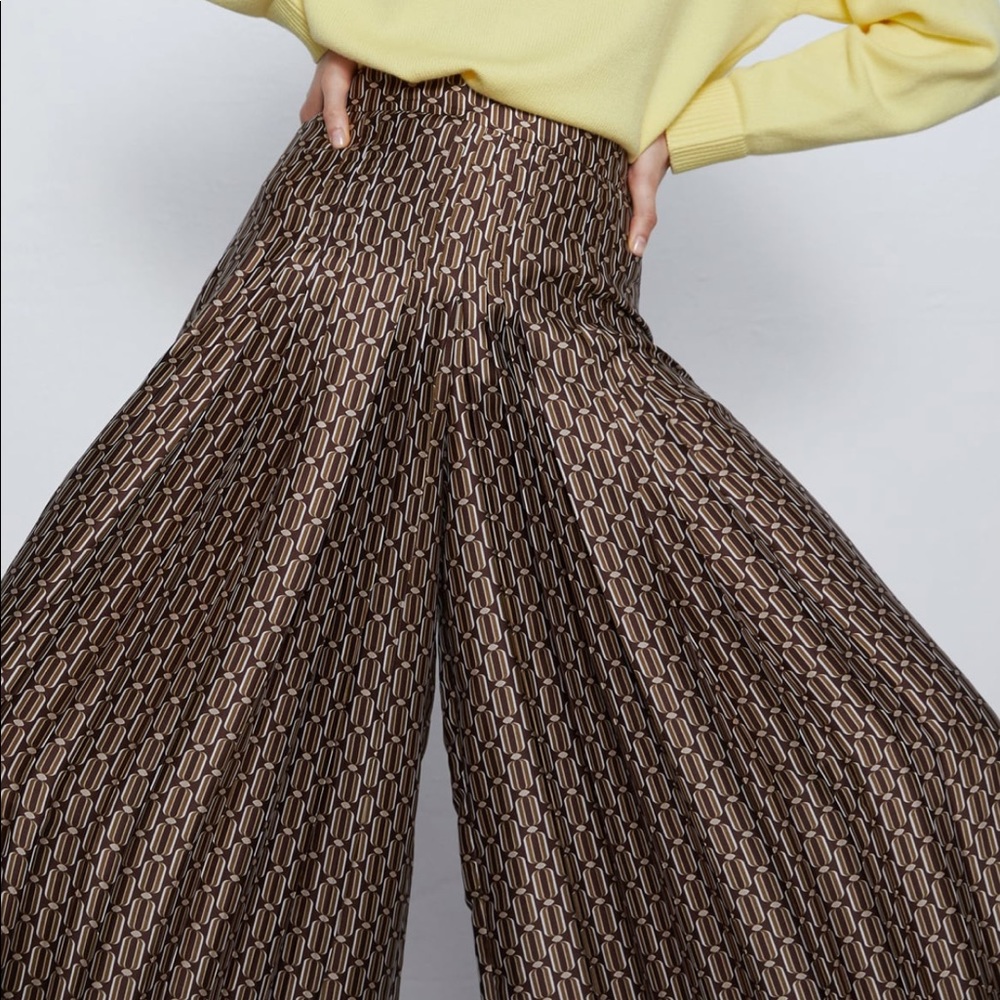 Zara Brown Patterned Wide-Leg Pants - Picture 5 of 8